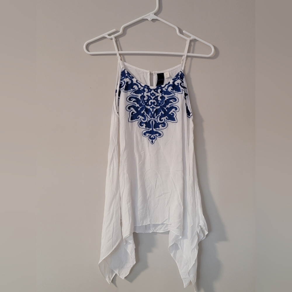 White and Blue Embroidered Women's Top